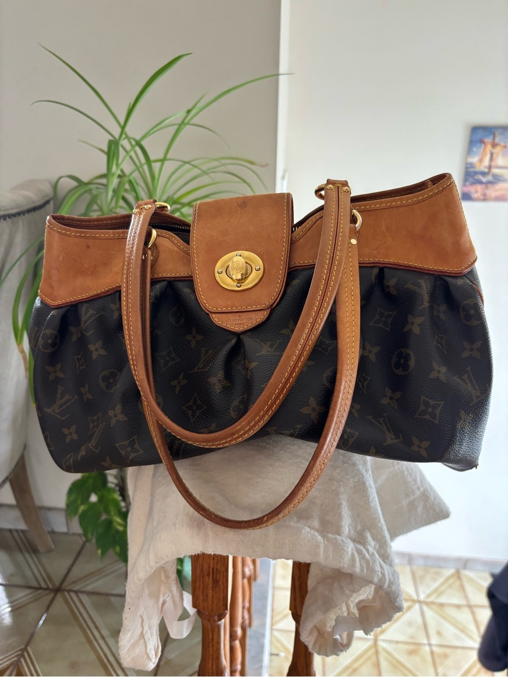 Louis Vuitton Monogram Canvas Satchel with Tan Trim and Gold Hardware